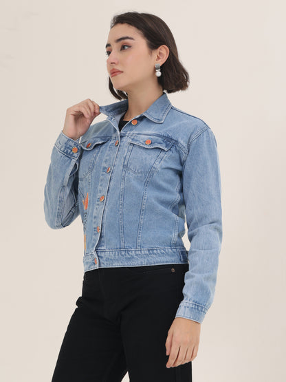 Sunflower Bloom Hand-Painted Denim Jacket for Women – Premium Light Blue Casual Wear