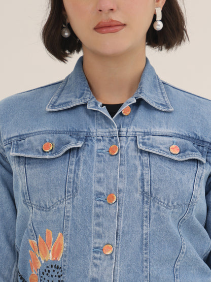 Sunflower Bloom Hand-Painted Denim Jacket for Women – Premium Light Blue Casual Wear
