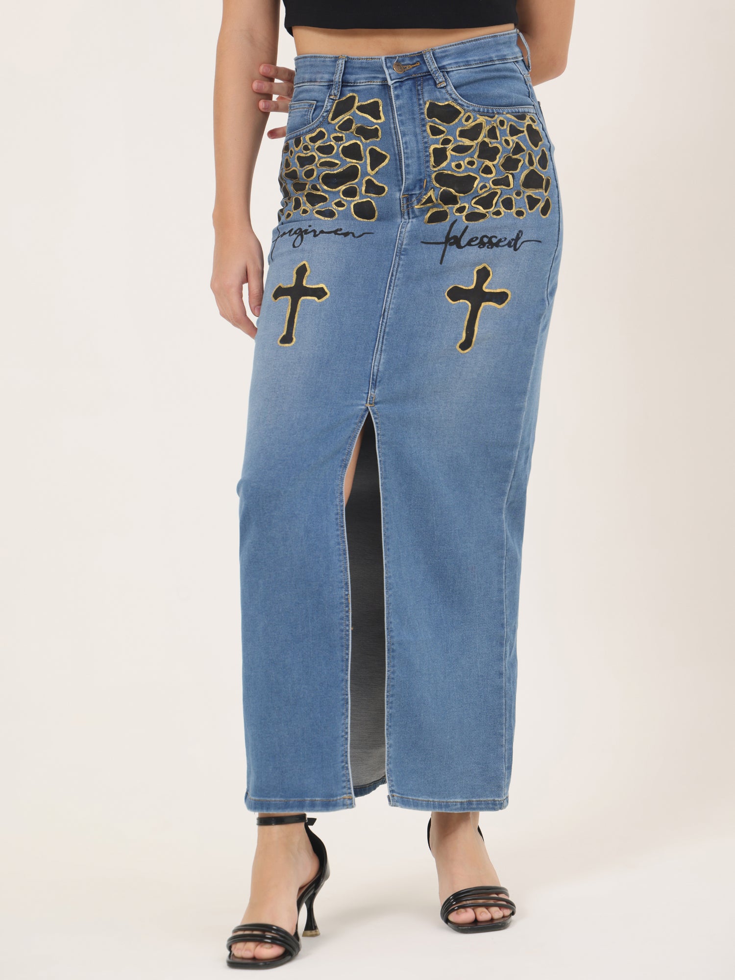 Forgiven Blessed Hand-Painted Denim Maxi Skirt for Women – Faith Edition