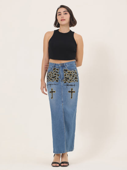 Forgiven Blessed Hand-Painted Denim Maxi Skirt for Women – Faith Edition
