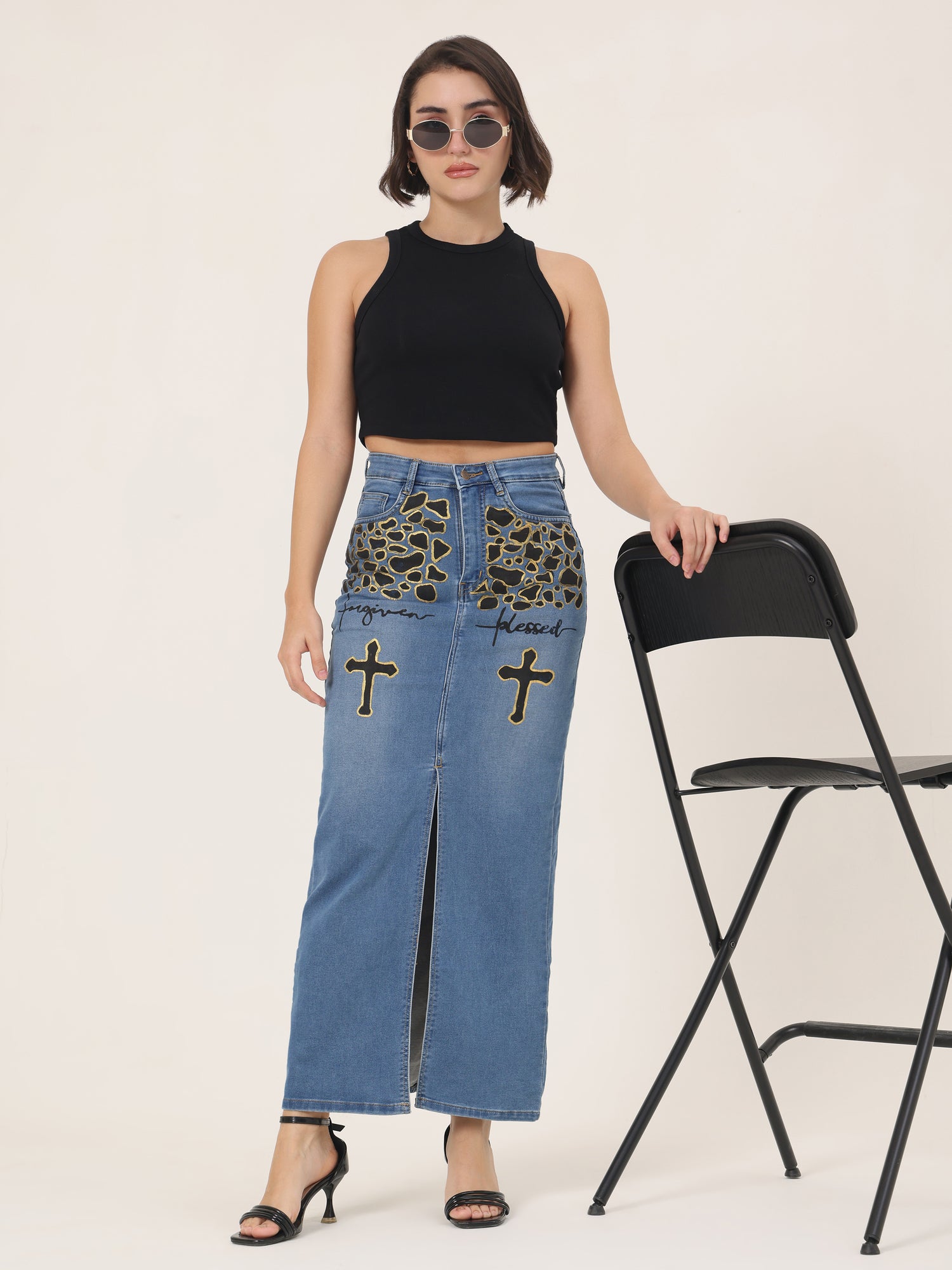 Forgiven Blessed Hand-Painted Denim Maxi Skirt for Women – Faith Edition
