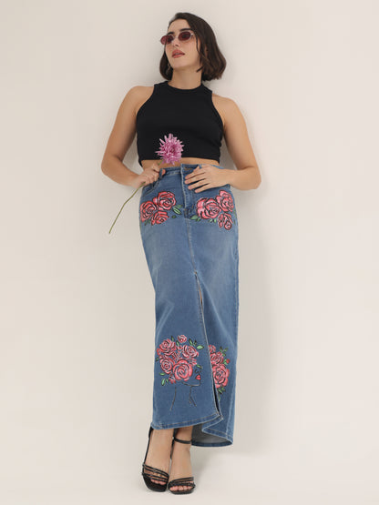 Hand-Painted Floral Denim Maxi Skirt for Women – Rose Bloom Art Edition