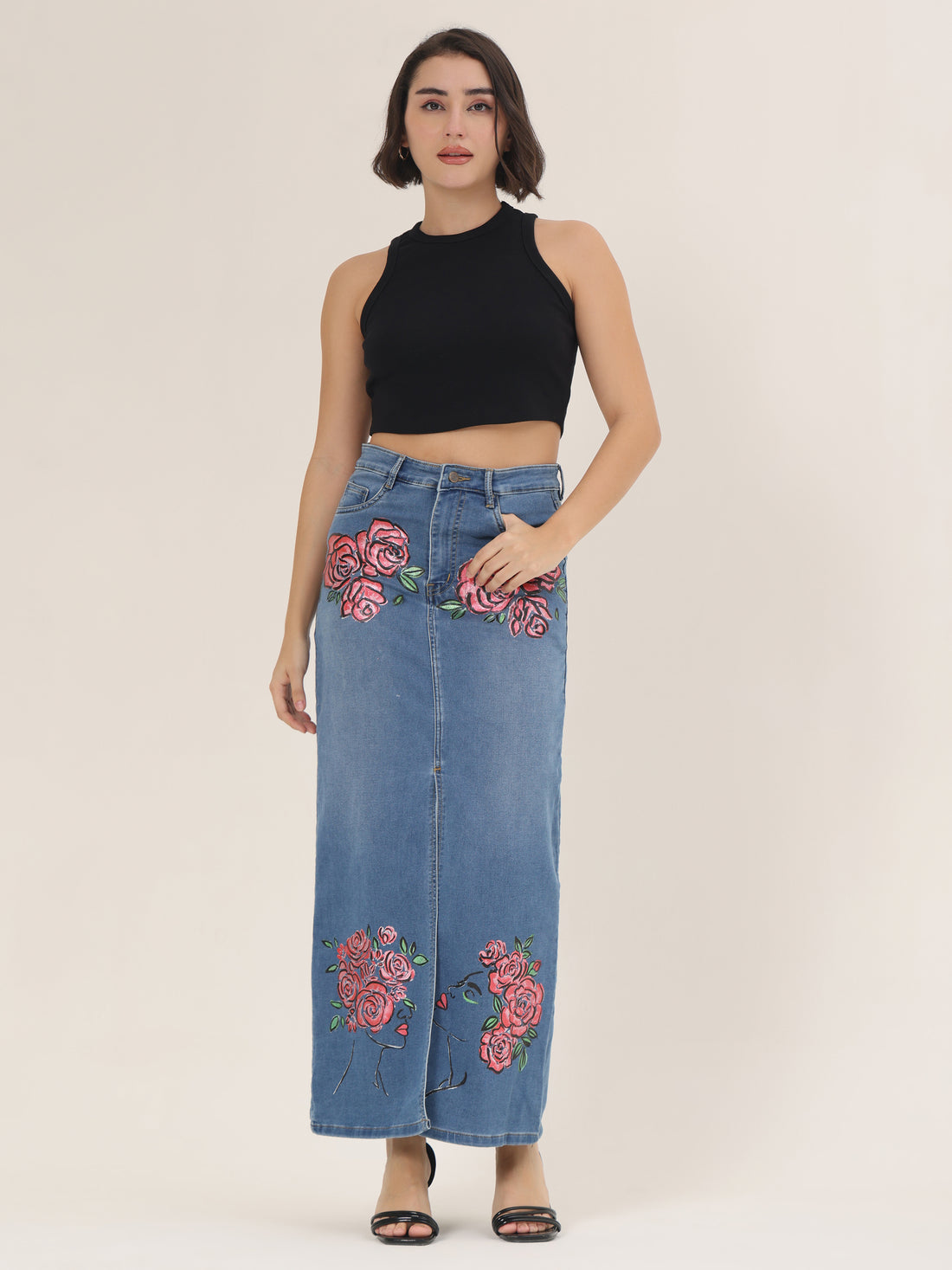 Hand-Painted Floral Denim Maxi Skirt for Women – Rose Bloom Art Edition