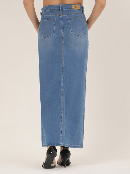 Hand-Painted Floral Denim Maxi Skirt for Women – Rose Bloom Art Edition