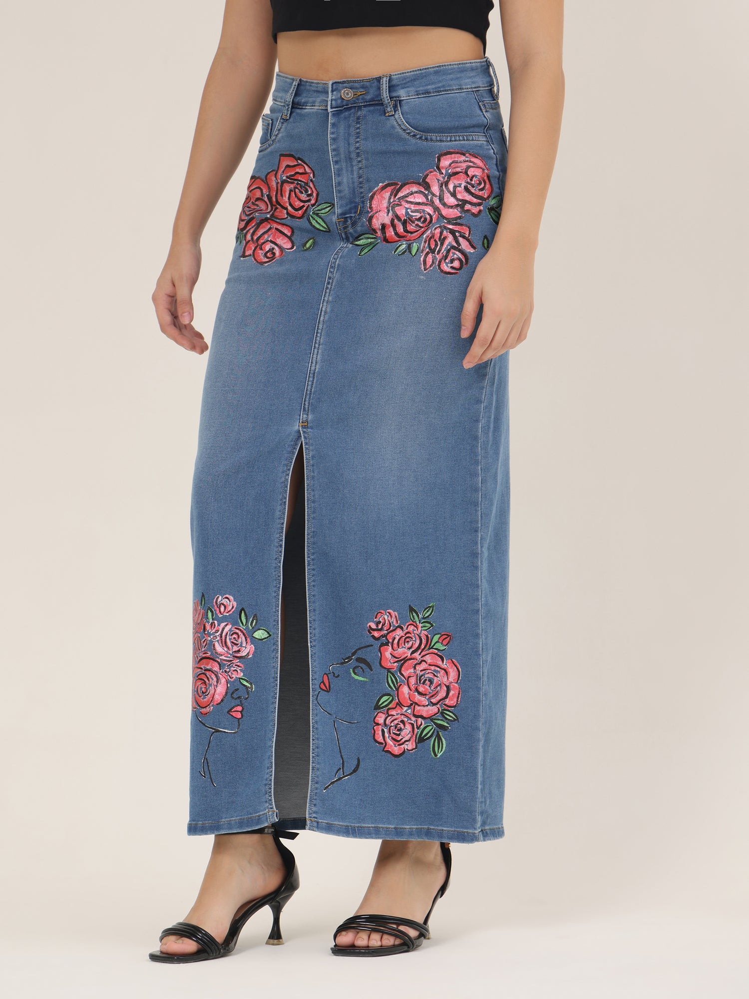 Hand-Painted Floral Denim Maxi Skirt for Women – Rose Bloom Art Edition
