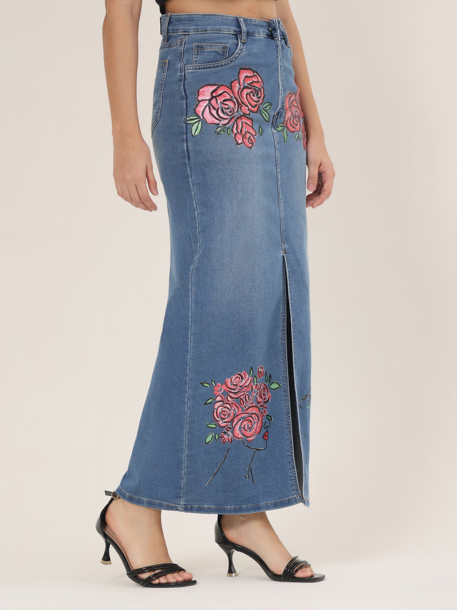 Hand-Painted Floral Denim Maxi Skirt for Women – Rose Bloom Art Edition