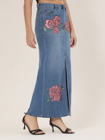 Hand-Painted Floral Denim Maxi Skirt for Women – Rose Bloom Art Edition