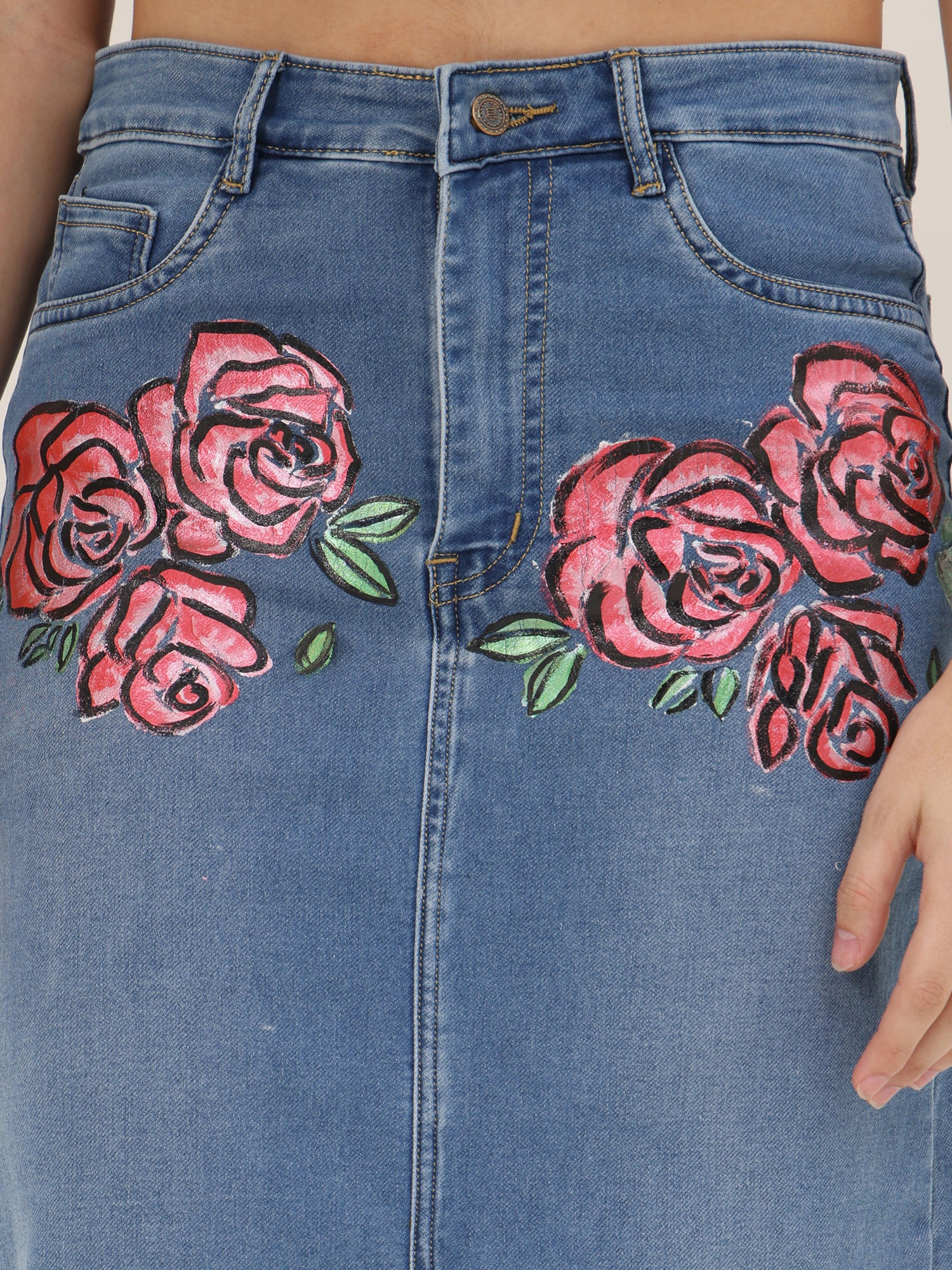 Hand-Painted Floral Denim Maxi Skirt for Women – Rose Bloom Art Edition