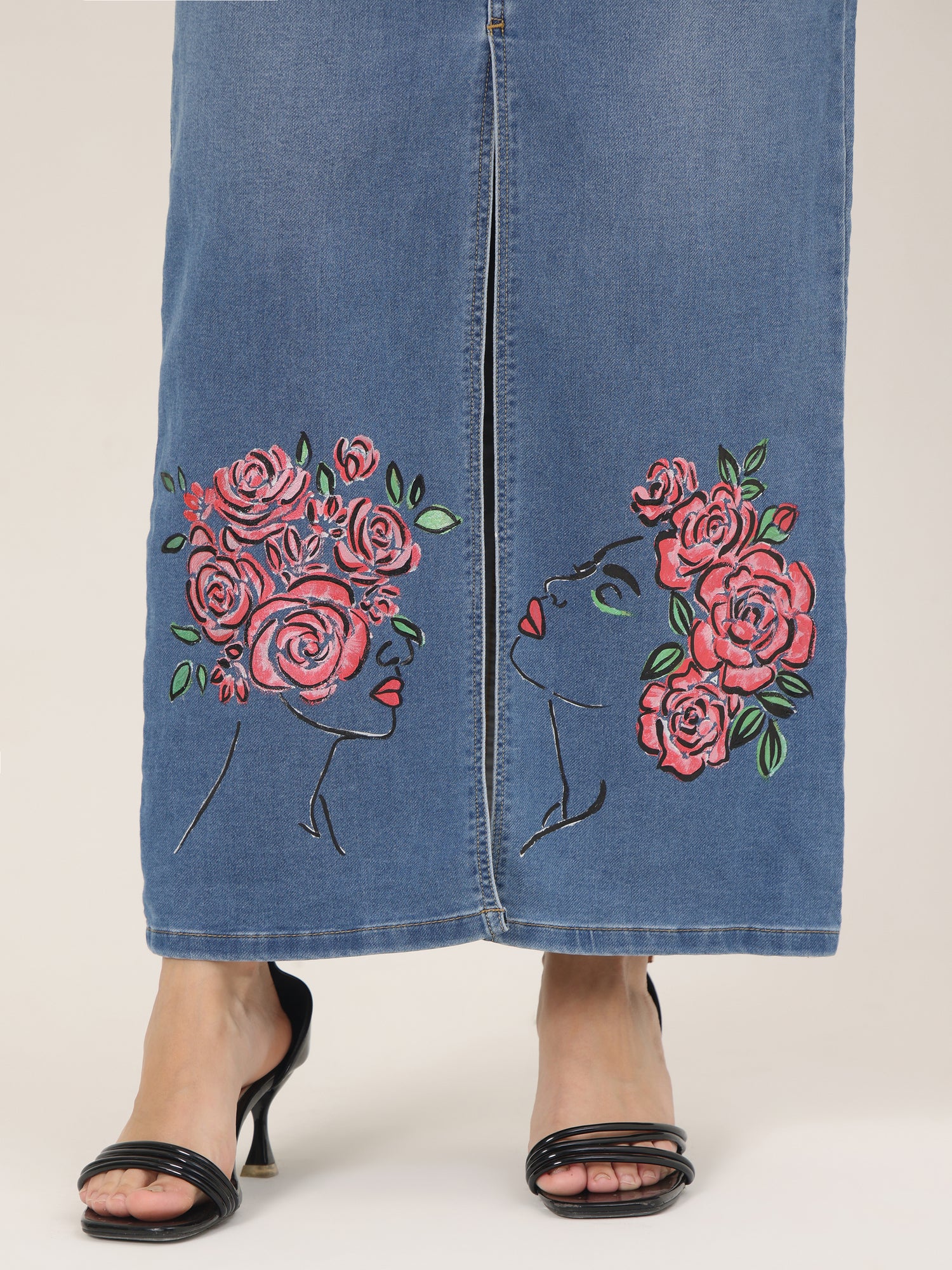 Hand-Painted Floral Denim Maxi Skirt for Women – Rose Bloom Art Edition