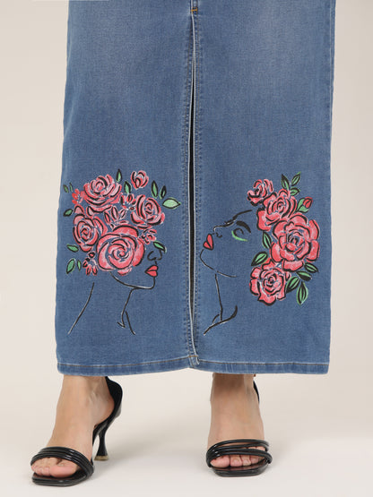 Hand-Painted Floral Denim Maxi Skirt for Women – Rose Bloom Art Edition