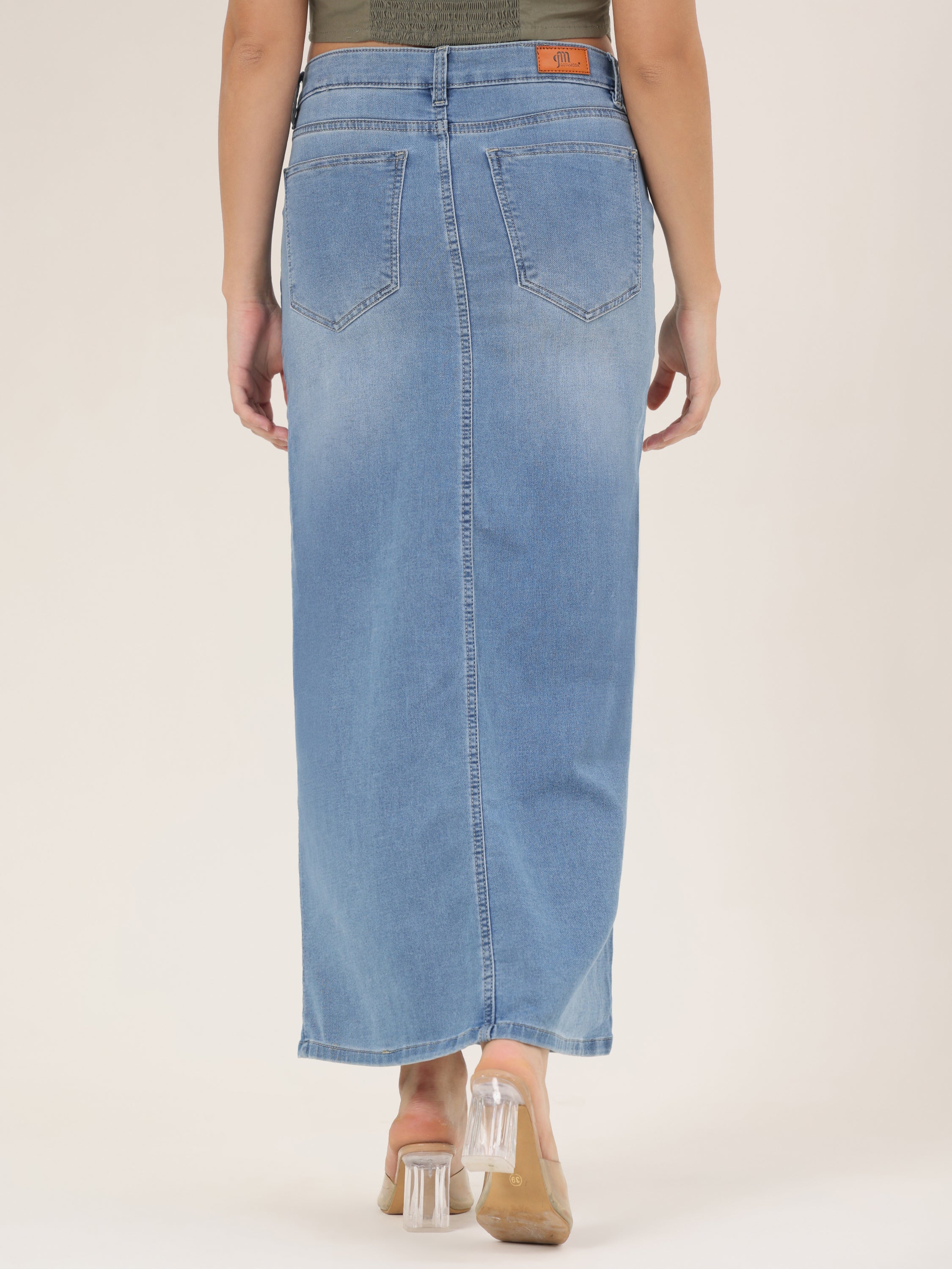Blue Blossom Bee Hand-Painted Denim Maxi Skirt for Women