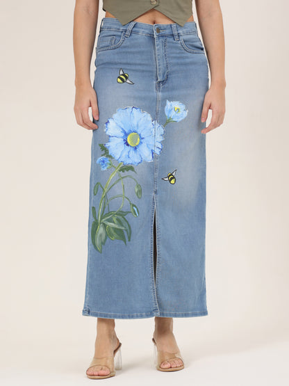 Blue Blossom Bee Hand-Painted Denim Maxi Skirt for Women