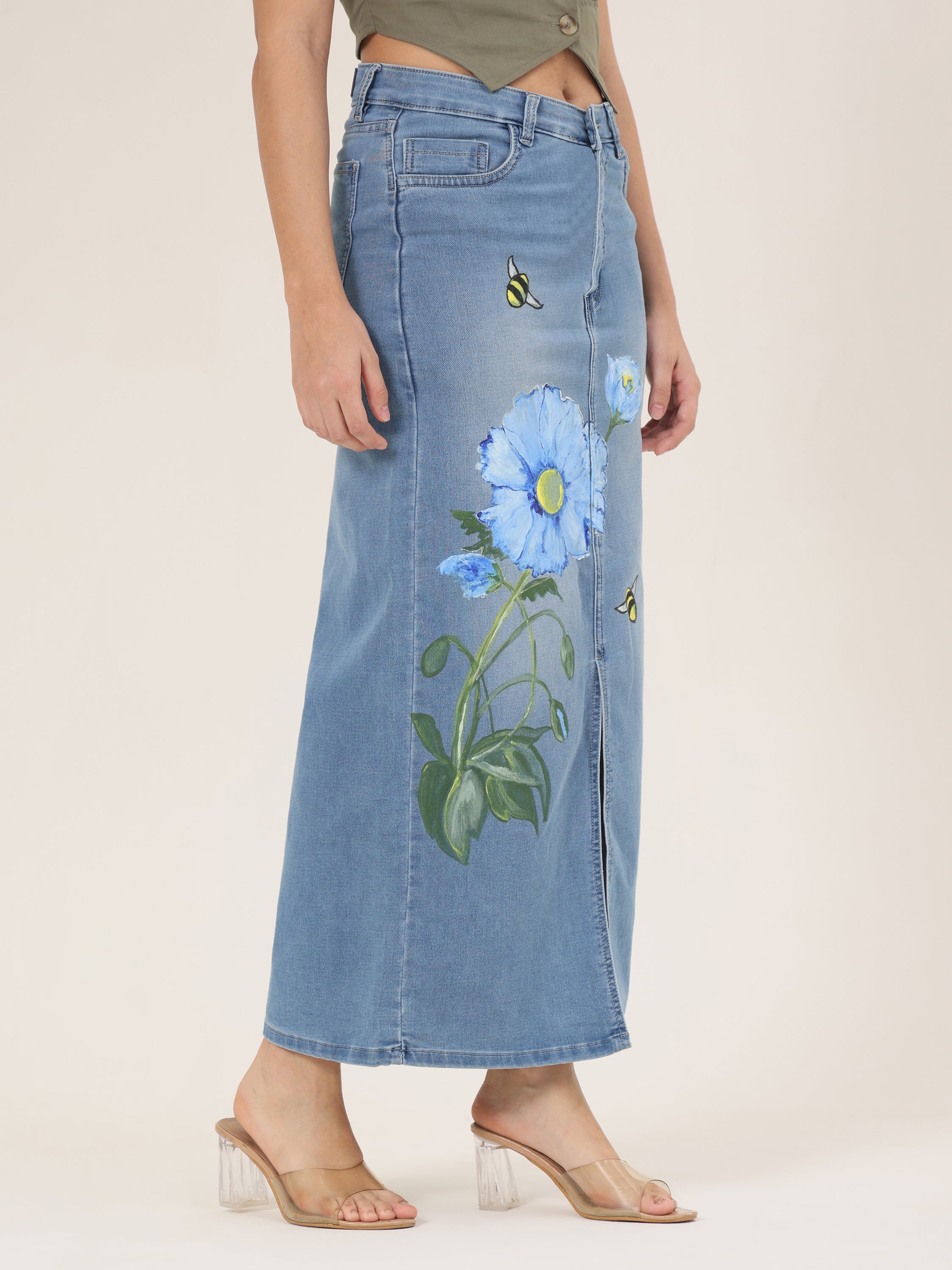 Blue Blossom Bee Hand-Painted Denim Maxi Skirt for Women
