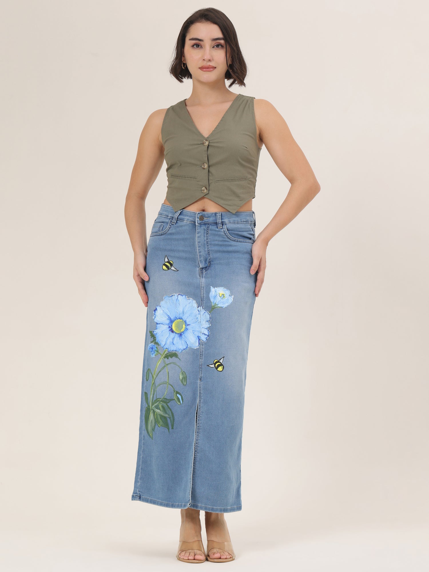 Blue Blossom Bee Hand-Painted Denim Maxi Skirt for Women