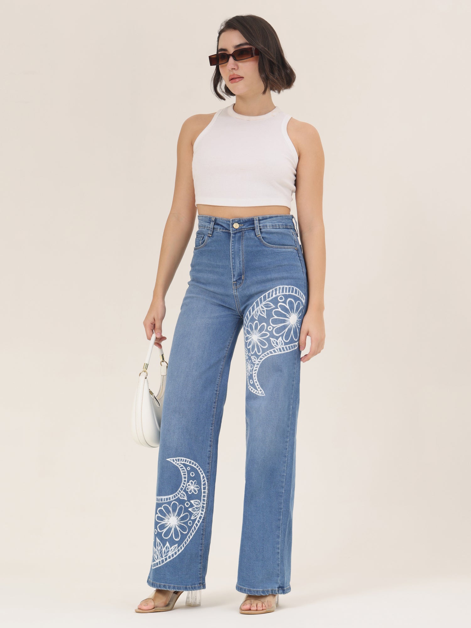 Floral Curve Hand-Painted Wide-Leg Denim Jeans for Women – Premium Artistic High-Waist Jeans