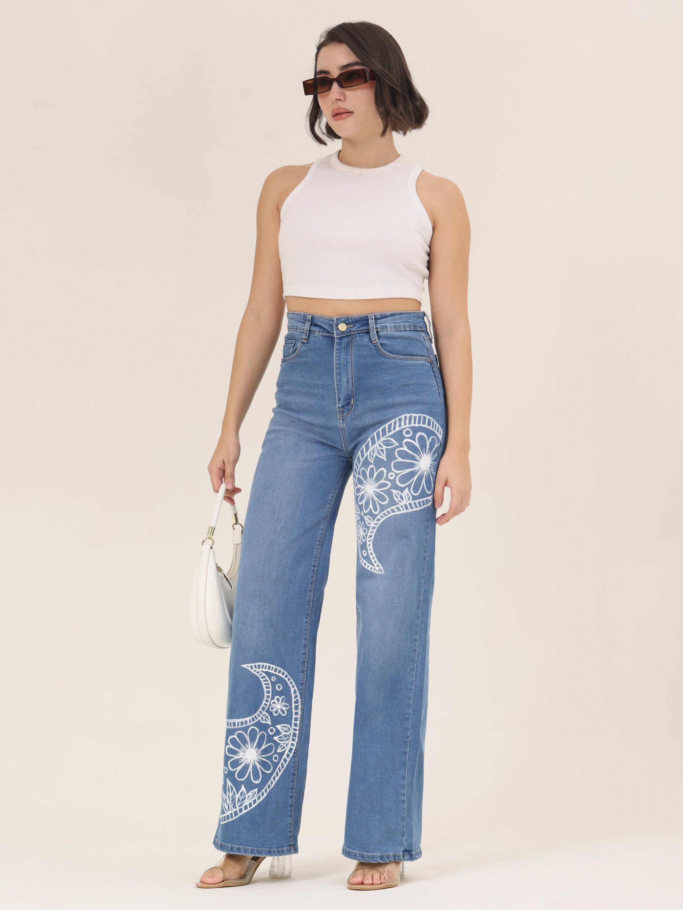 Floral Curve Hand-Painted Wide-Leg Denim Jeans for Women – Premium Artistic High-Waist Jeans