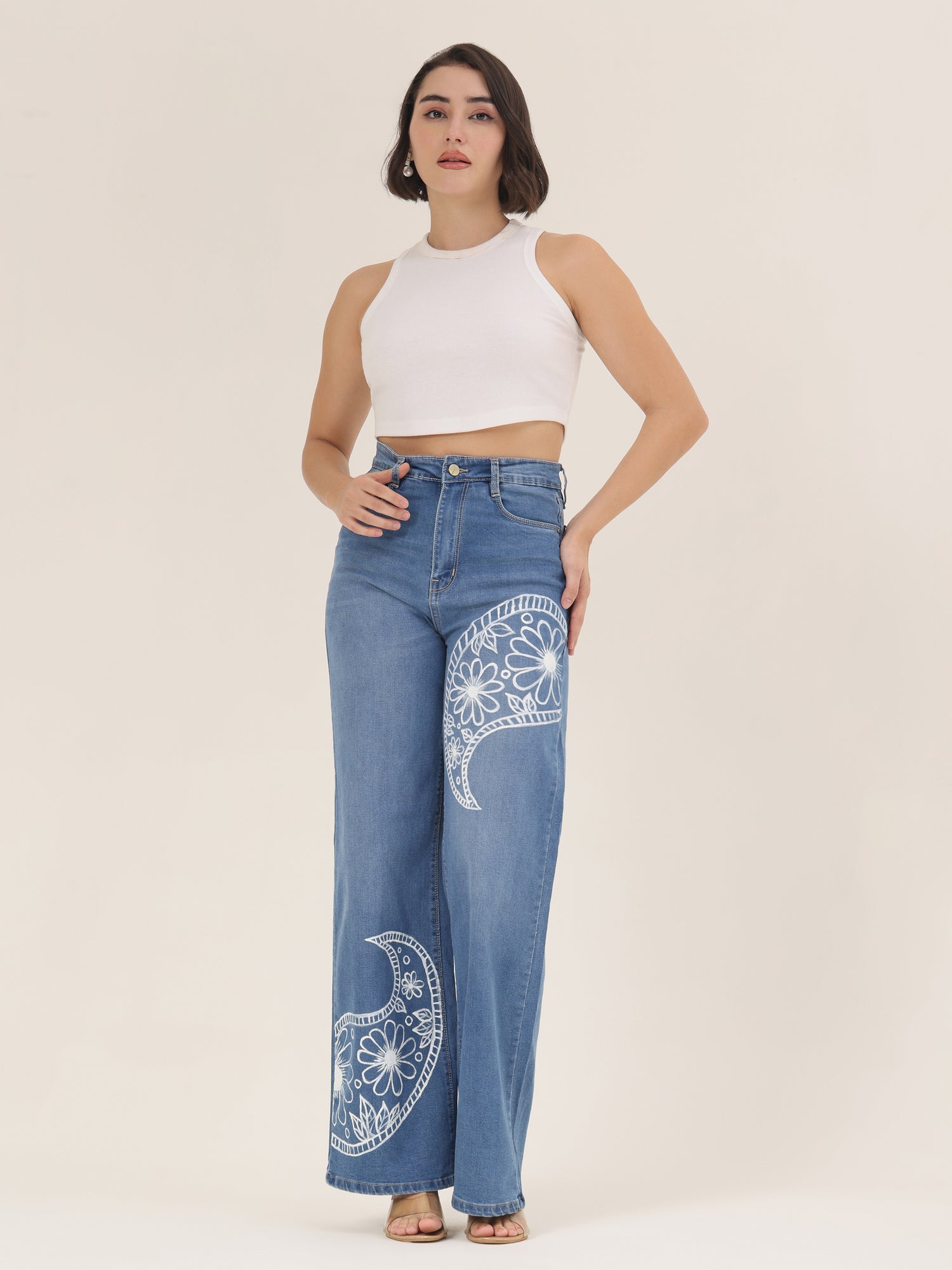 Floral Curve Hand-Painted Wide-Leg Denim Jeans for Women – Premium Artistic High-Waist Jeans