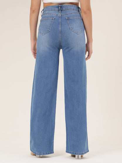 Floral Curve Hand-Painted Wide-Leg Denim Jeans for Women – Premium Artistic High-Waist Jeans