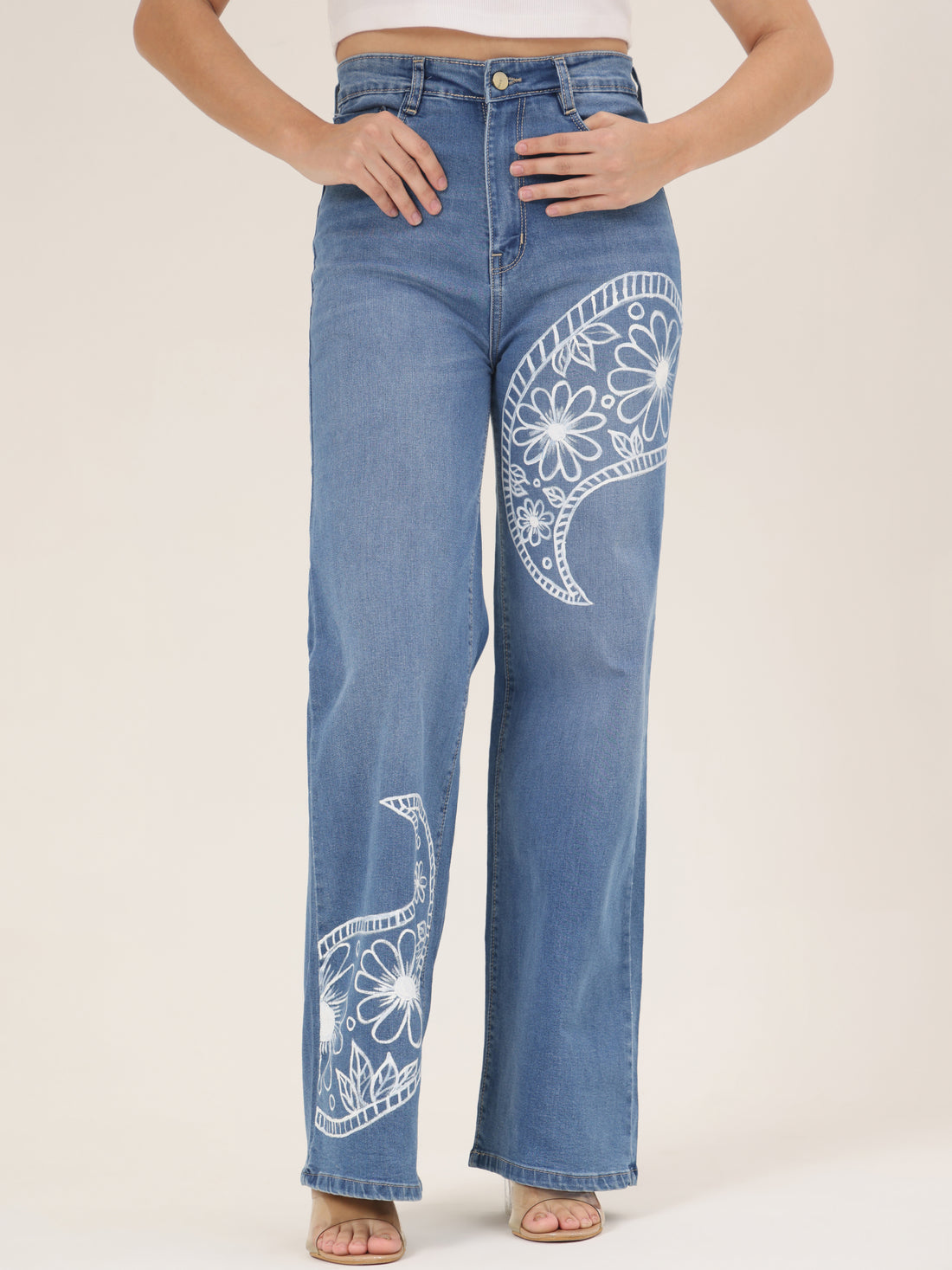Floral Curve Hand-Painted Wide-Leg Denim Jeans for Women – Premium Artistic High-Waist Jeans
