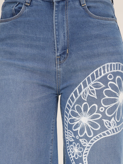 Floral Curve Hand-Painted Wide-Leg Denim Jeans for Women – Premium Artistic High-Waist Jeans