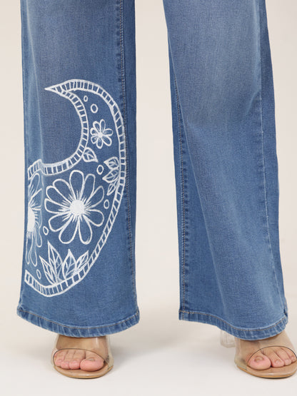 Floral Curve Hand-Painted Wide-Leg Denim Jeans for Women – Premium Artistic High-Waist Jeans