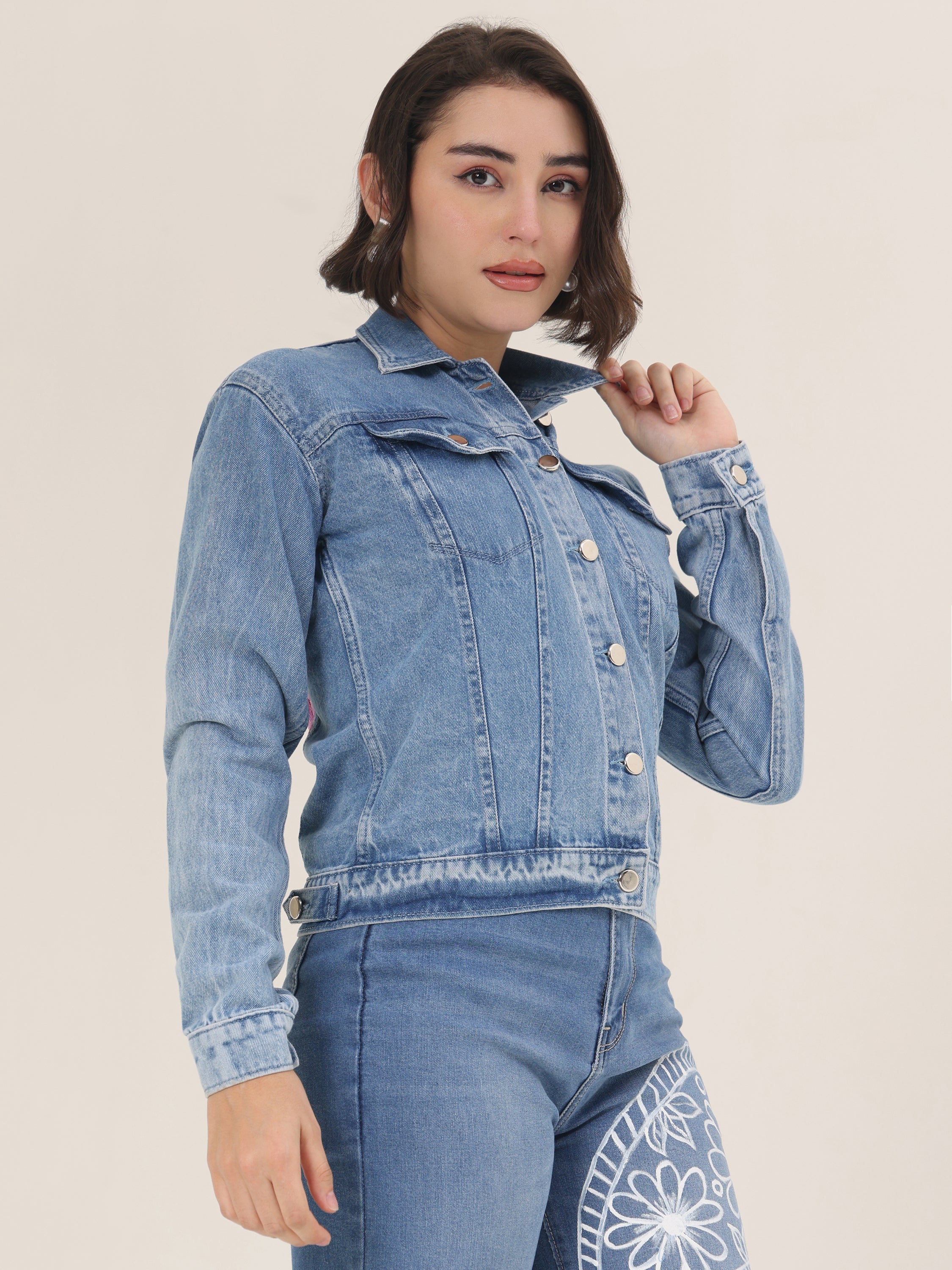 Pink Blossom Hand-Painted Denim Jacket for Women – Limited Edition Floral Art Jacket