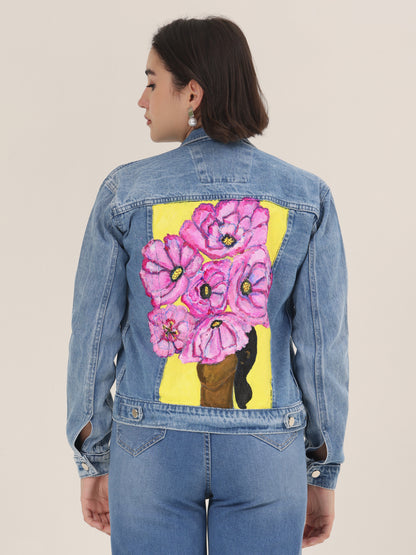 Pink Blossom Hand-Painted Denim Jacket for Women – Limited Edition Floral Art Jacket