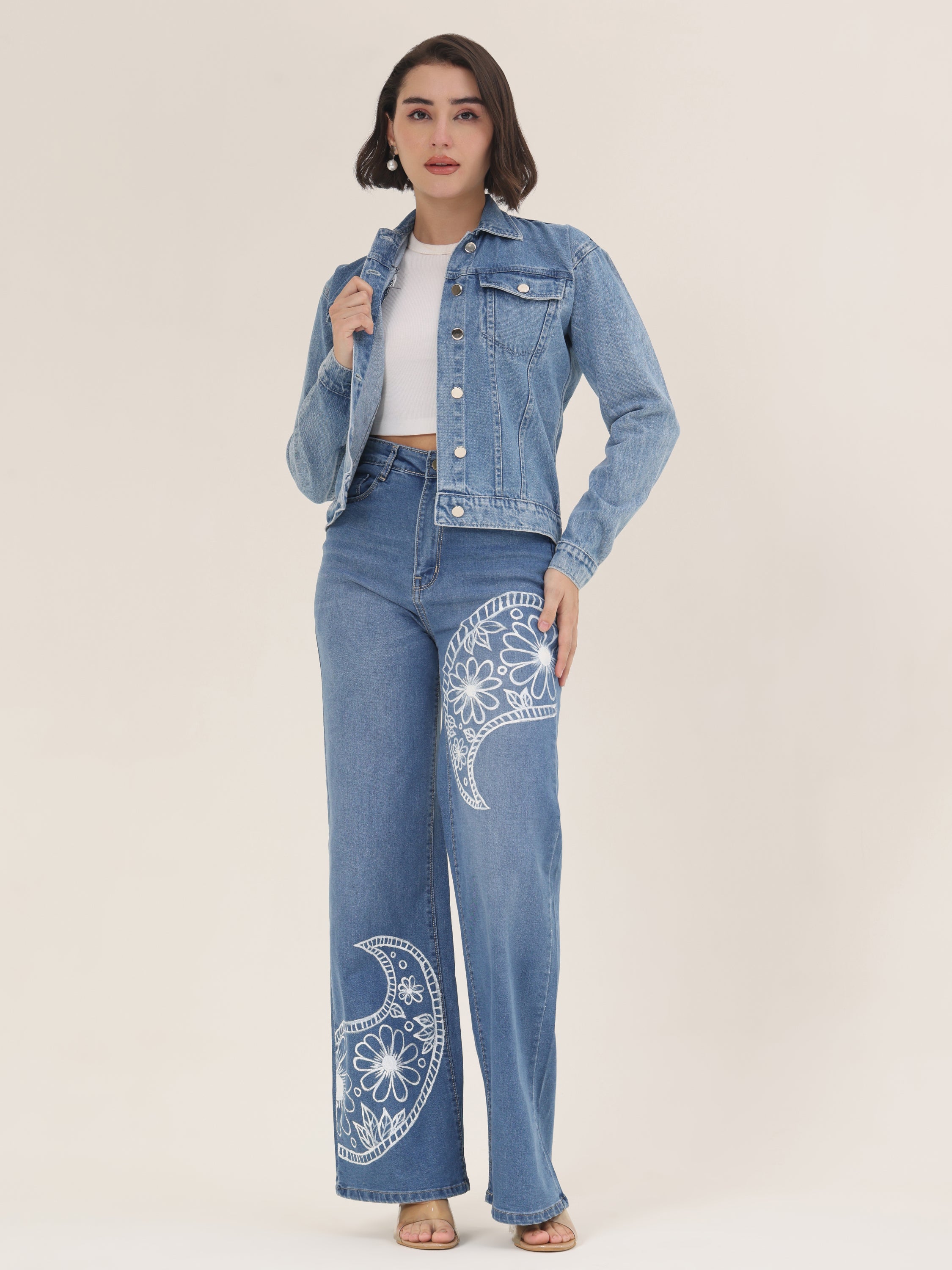 Pink Blossom Hand-Painted Denim Jacket for Women – Limited Edition Floral Art Jacket