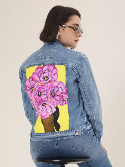 Pink Blossom Hand-Painted Denim Jacket for Women – Limited Edition Floral Art Jacket