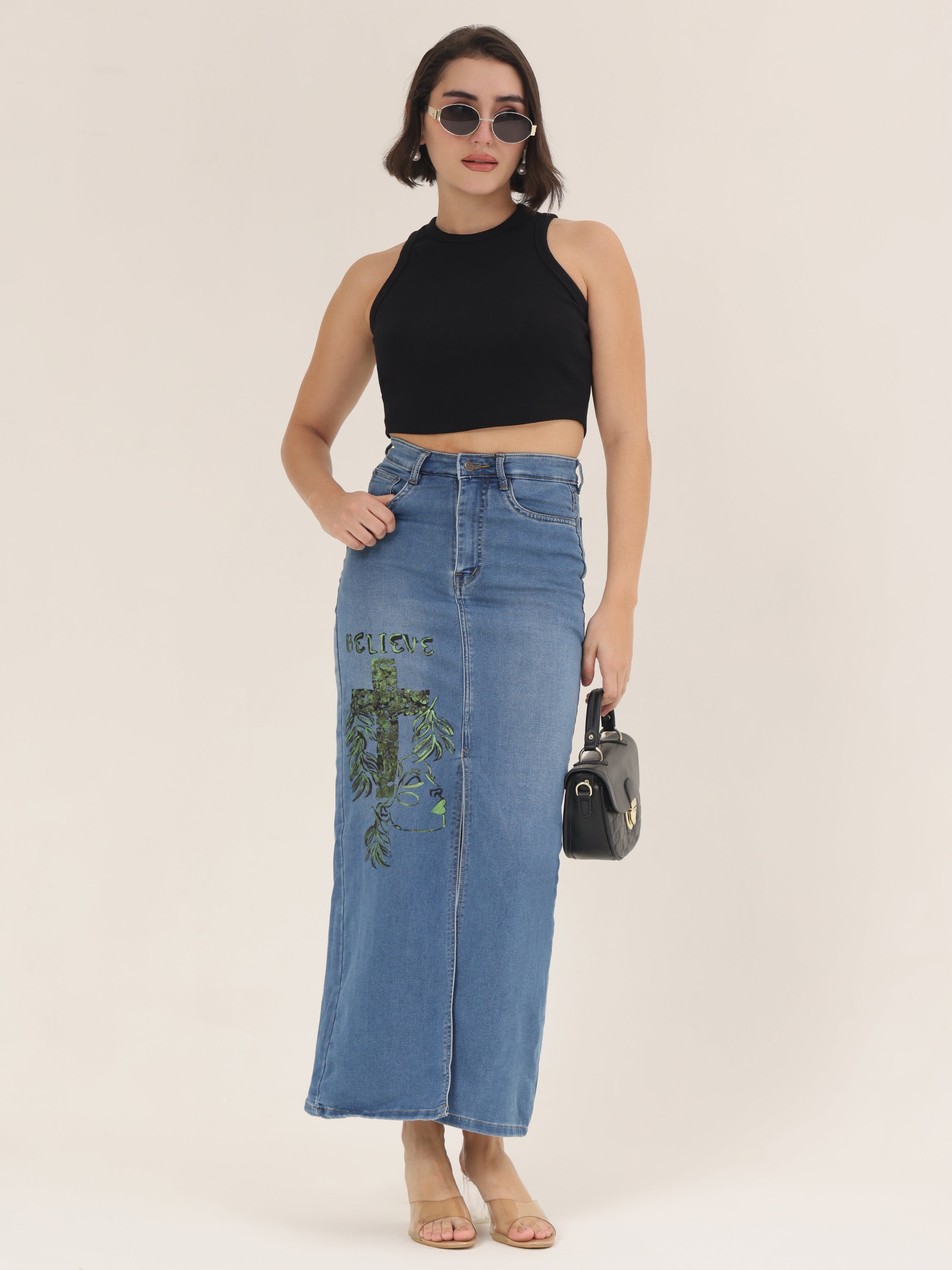 Believe Faith Edition Hand-Painted Denim Maxi Skirt for Women – High-Slit Premium Long Skirt