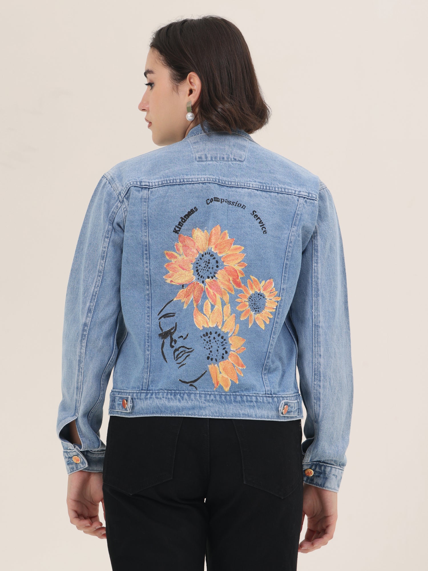 Sunflower Bloom Hand-Painted Denim Jacket for Women – Premium Light Blue Casual Wear