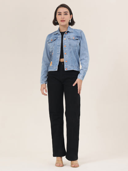 Sunflower Bloom Hand-Painted Denim Jacket for Women – Premium Light Blue Casual Wear