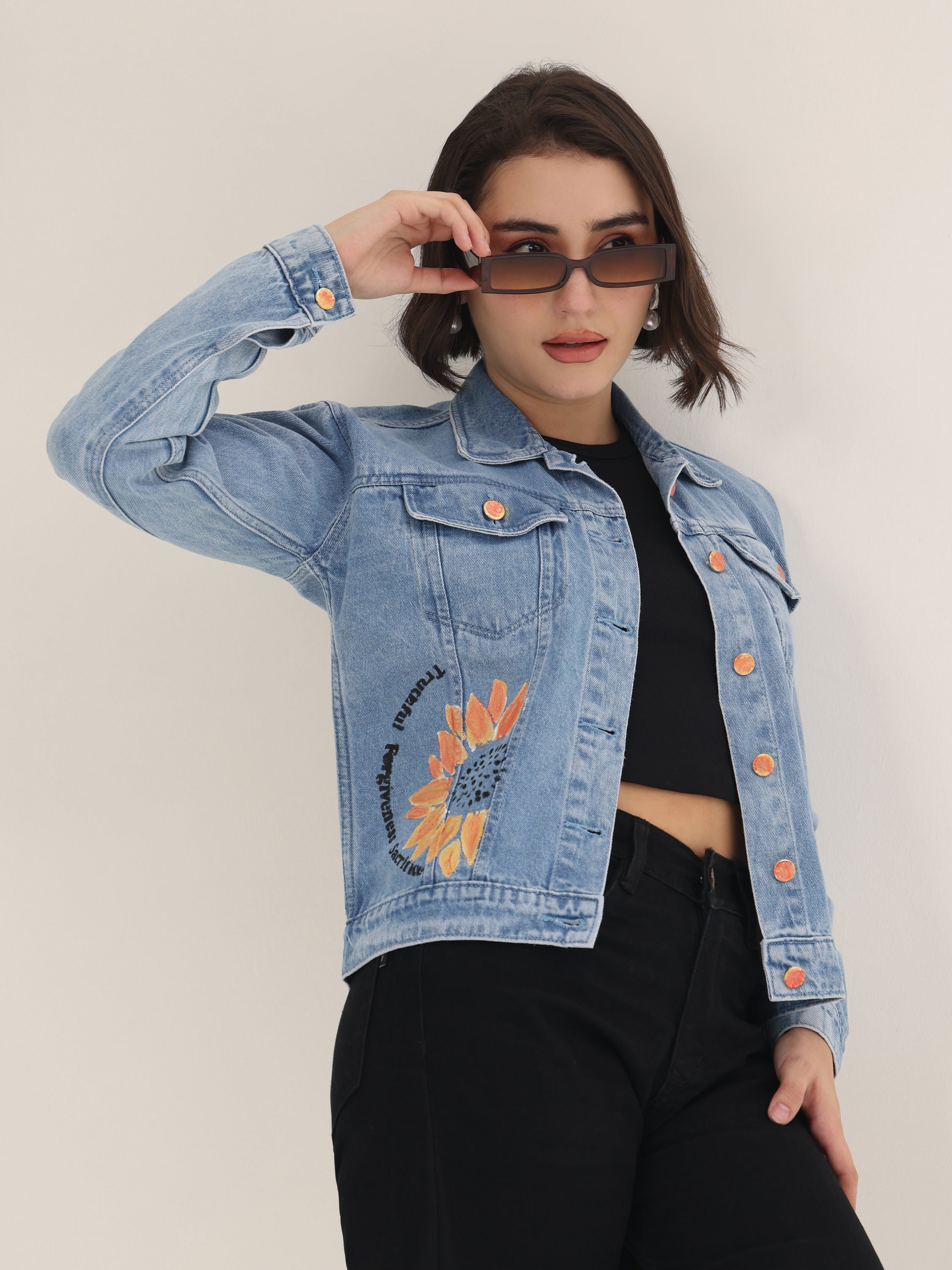 Sunflower Bloom Hand-Painted Denim Jacket for Women – Premium Light Blue Casual Wear
