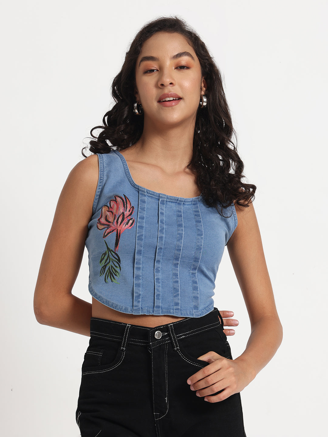 Floral Charm Denim Crop Top
