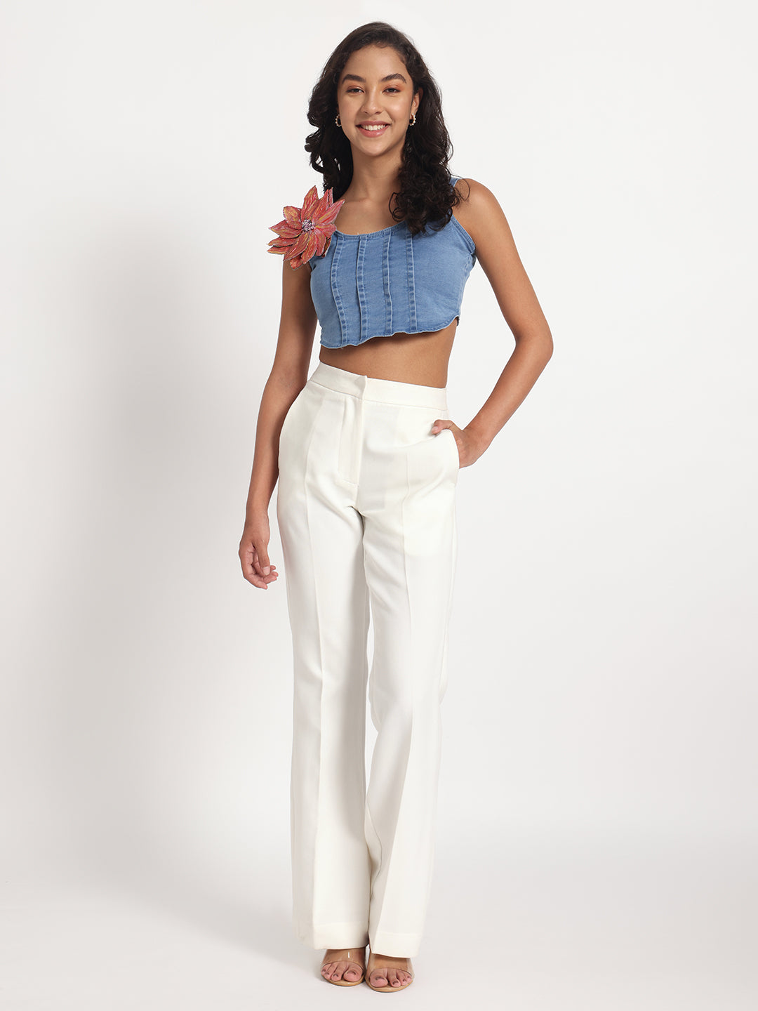 Blossom Charm Denim Crop Top with Hand-Painted Brooch