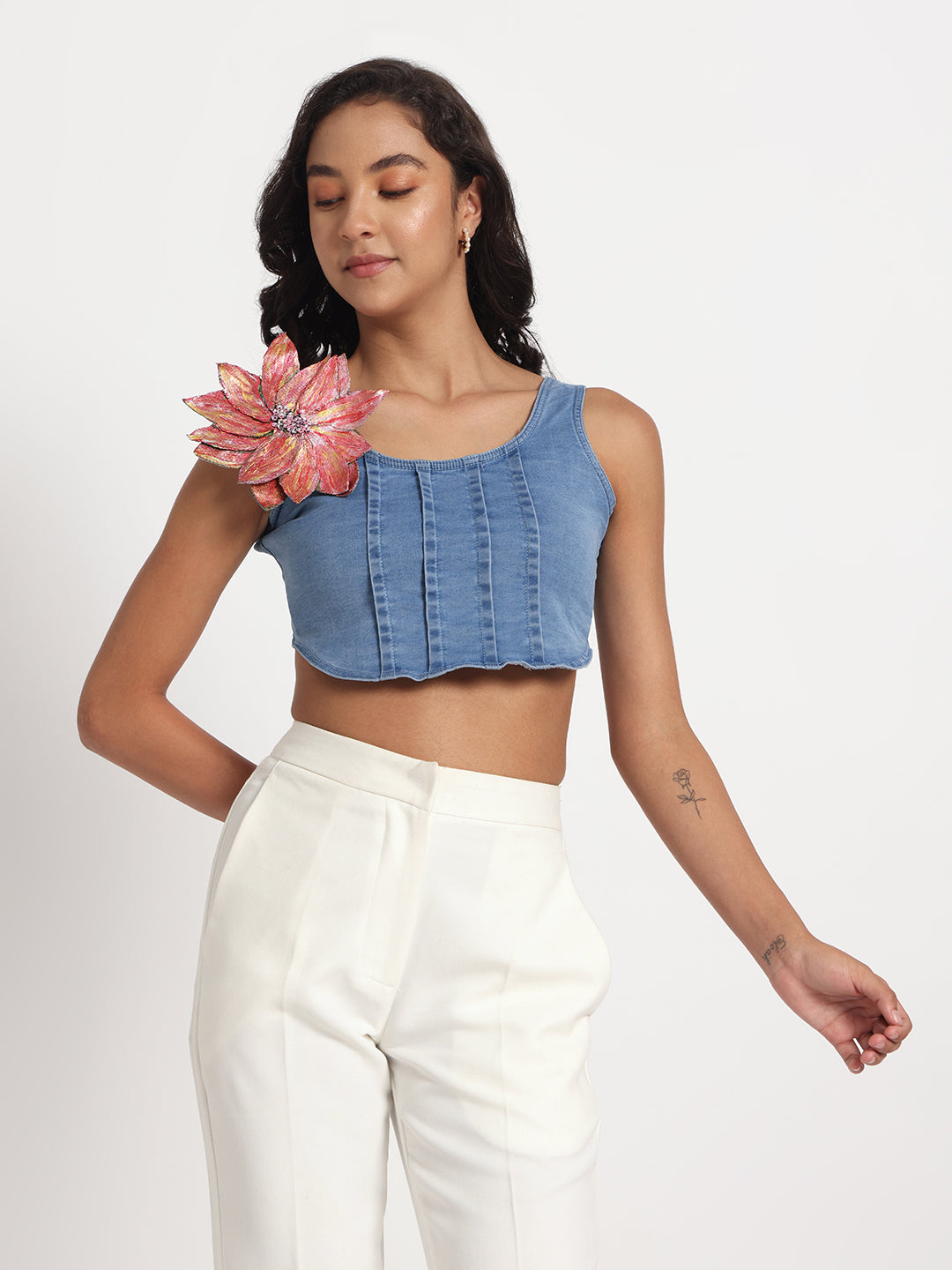 Blossom Charm Denim Crop Top with Hand-Painted Brooch