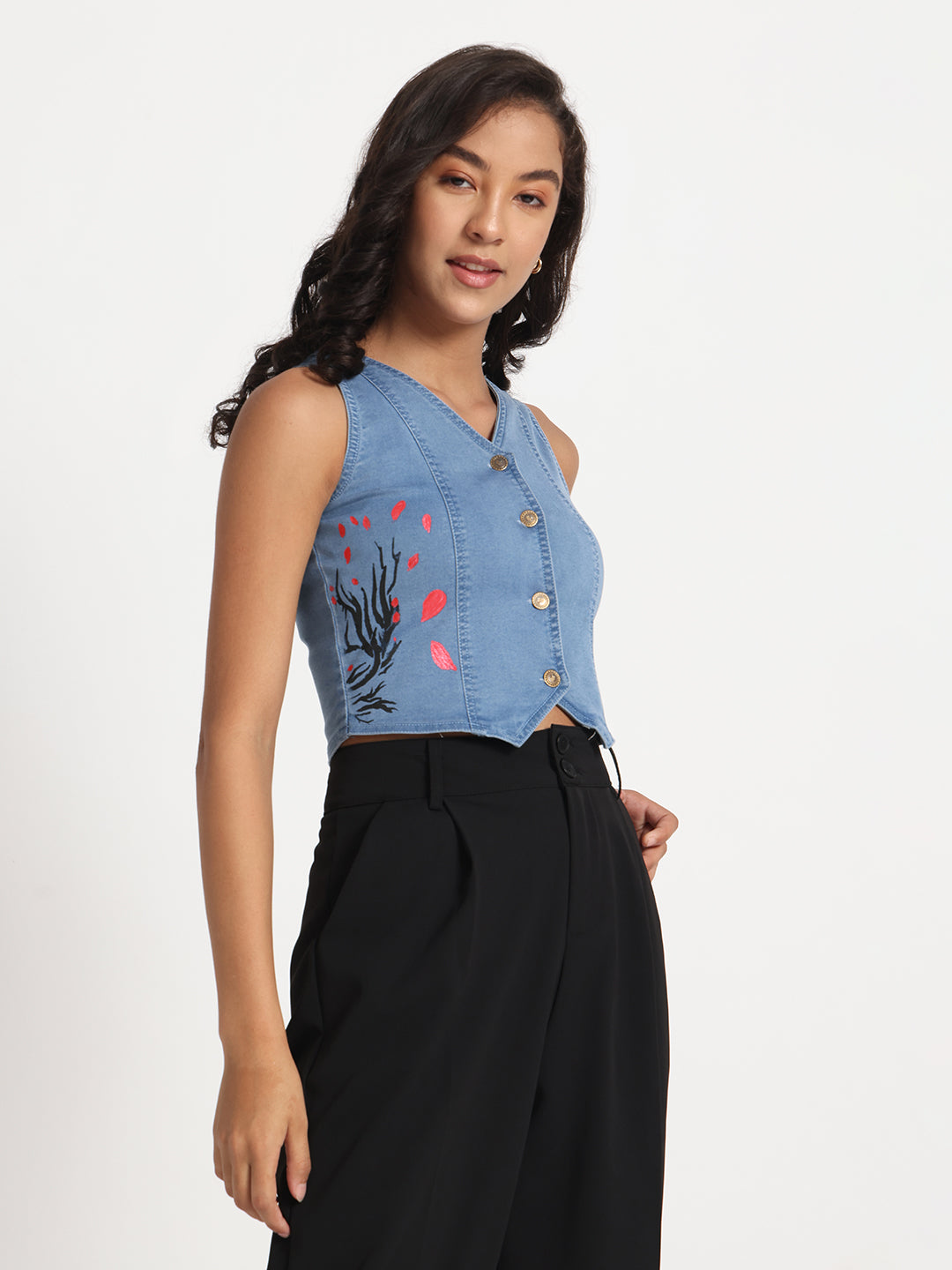Whimsical Tree Hand-Painted Buttoned Denim Vest Top