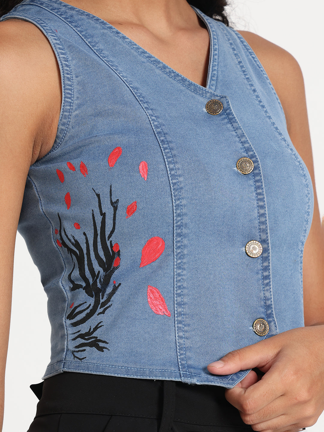 Whimsical Tree Hand-Painted Buttoned Denim Vest Top