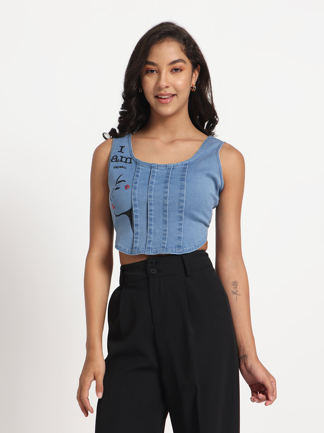 Empowered Beauty Hand-Painted Denim Crop Top