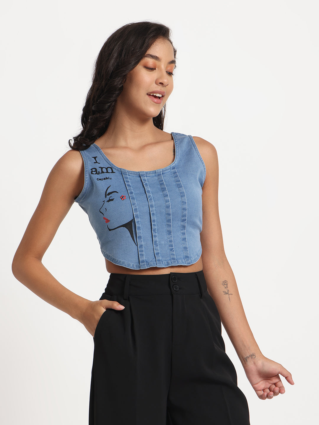 Empowered Beauty Hand-Painted Denim Crop Top