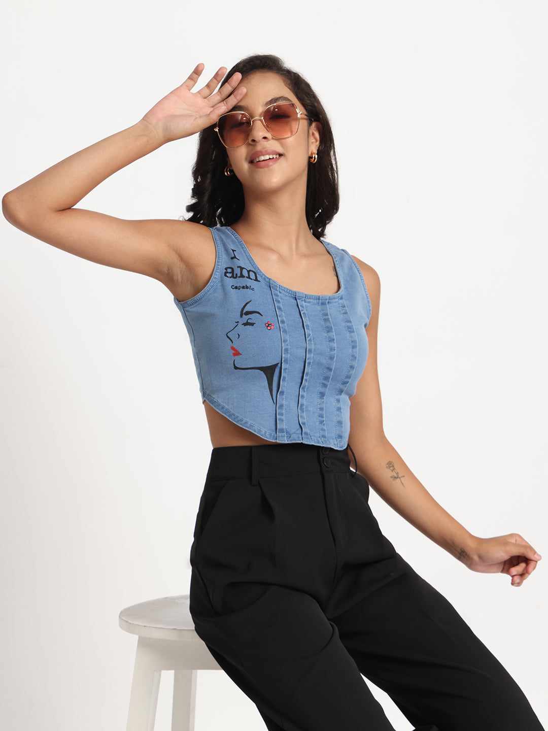 Empowered Beauty Hand-Painted Denim Crop Top