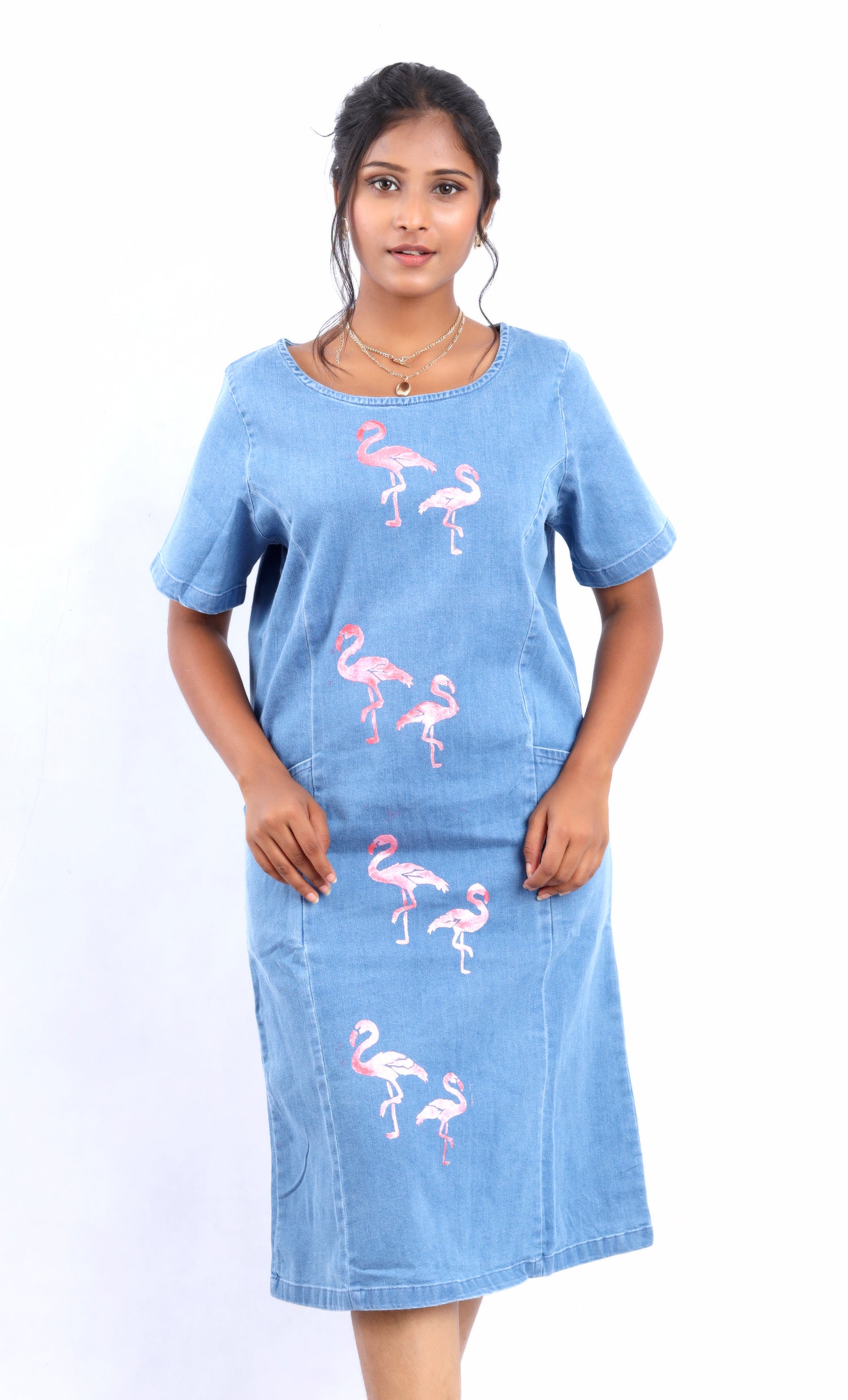 Flamingo Flurry Denim Dress