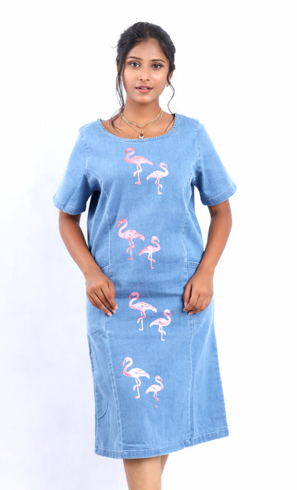 Flamingo Flurry Denim Dress