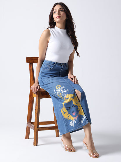 Queen Bee Pop Art Denim Midi Skirt