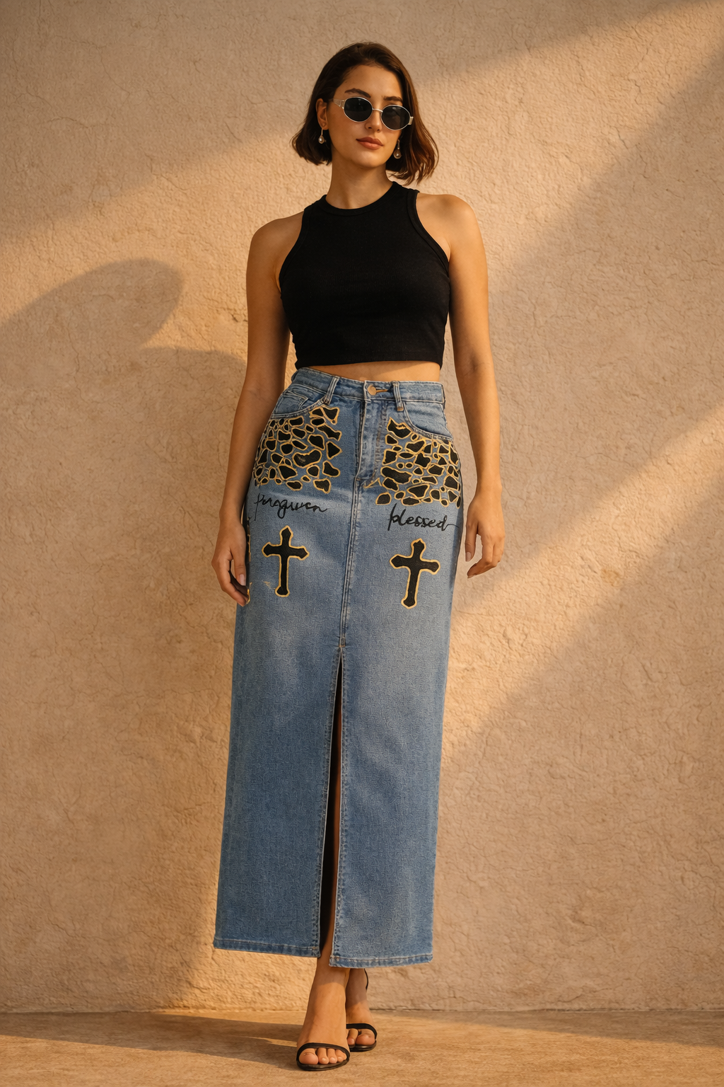 Forgiven Blessed Hand-Painted Denim Maxi Skirt for Women – Faith Edition