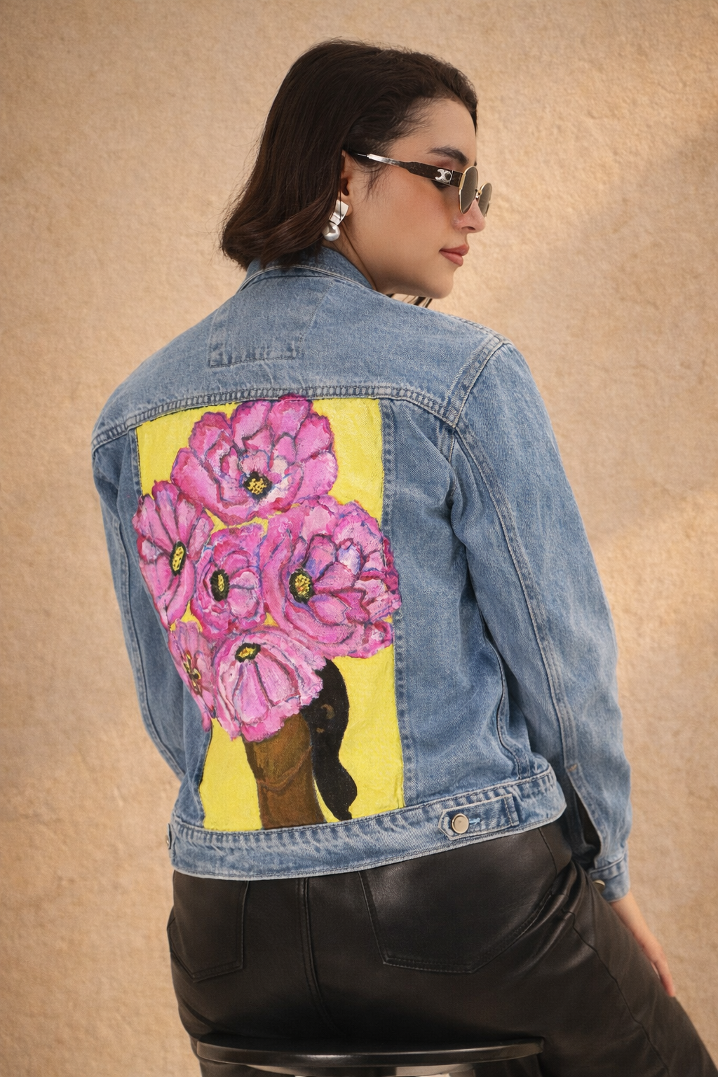 Pink Blossom Hand-Painted Denim Jacket for Women – Limited Edition Floral Art Jacket