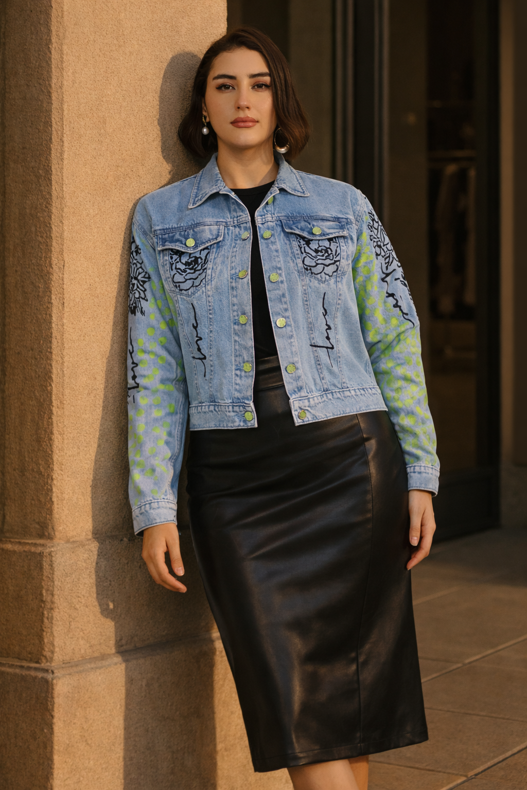 Love Muse Hand-Painted Denim Jacket for Women – Artistic Floral Outline Edition