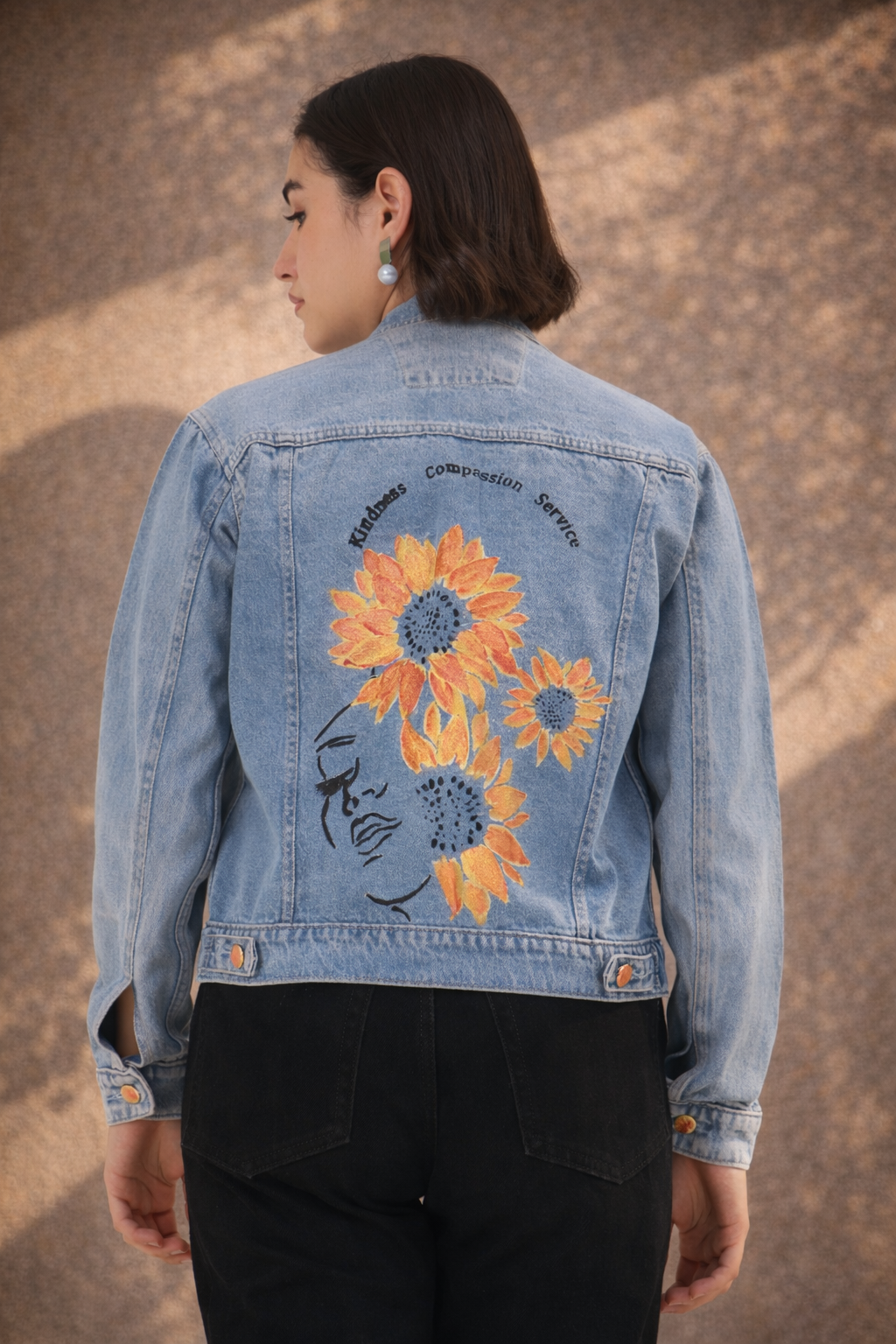 Sunflower Bloom Hand-Painted Denim Jacket for Women – Premium Light Blue Casual Wear