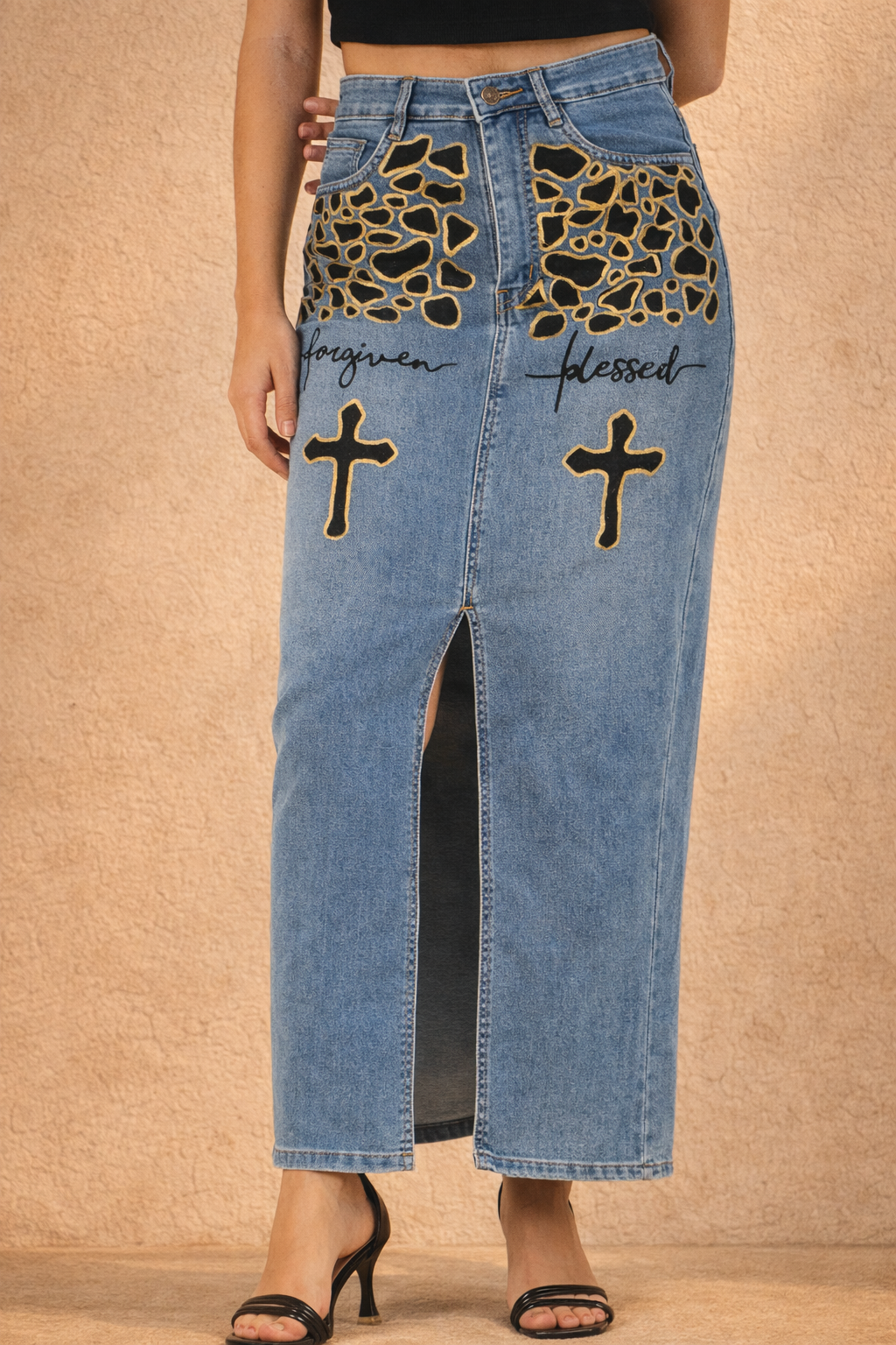 Forgiven Blessed Hand-Painted Denim Maxi Skirt for Women – Faith Edition
