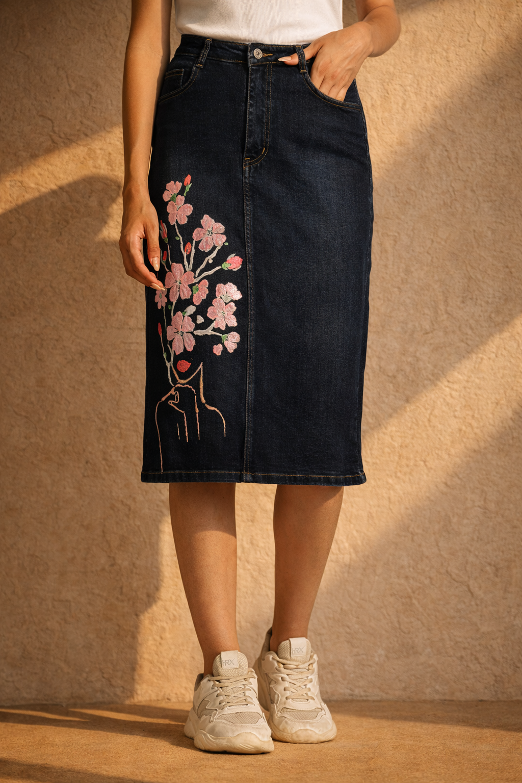 Blossom Elegance Hand-Painted Jeans Skirt For Women